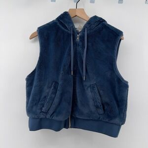 CALIA Women M Full Zip Cropped Vest Hoodie Blue Denim Faux Fur Pockets Athletic‎
